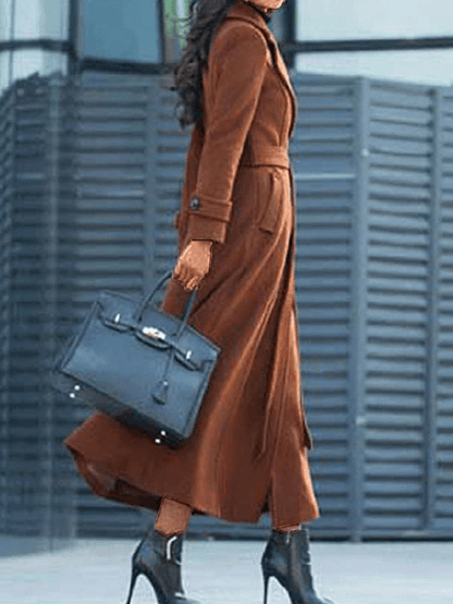 "Manteau long en laine pour femmes avec ceinture, col à revers, élégant et chaud, disponible en marron, noir, rouge, vert."