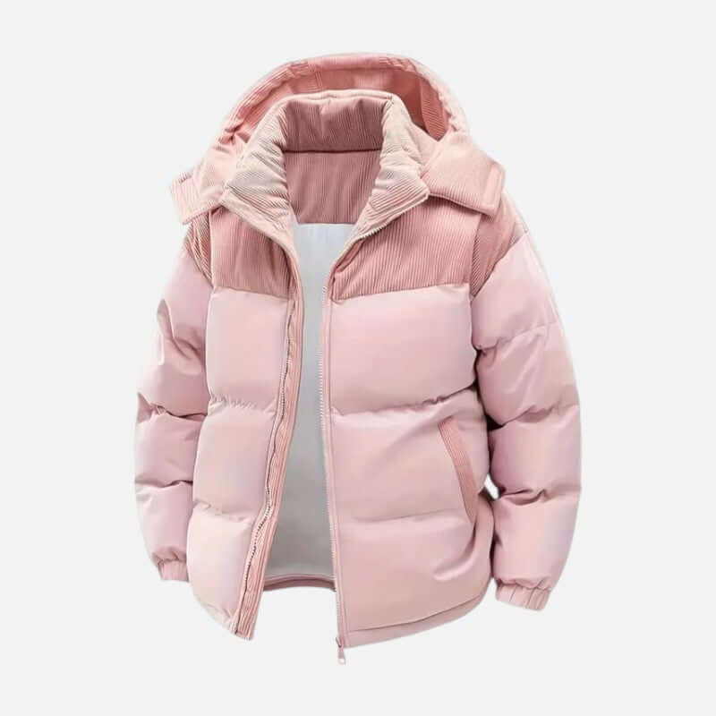 Veste hiver unisexe, blocs colorés, matelassée, capuche amovible, moderne, idéale pour hommes et femmes, style tendance.
