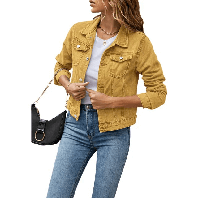 "Veste en jean femme courte, fermeture à boutons, denim robuste, poches poitrine, col classique, look tendance."