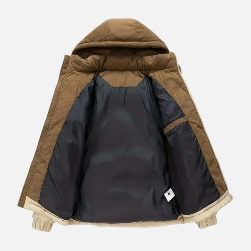 Veste hiver unisexe, blocs colorés, matelassée, capuche amovible, moderne, idéale pour hommes et femmes, style tendance.