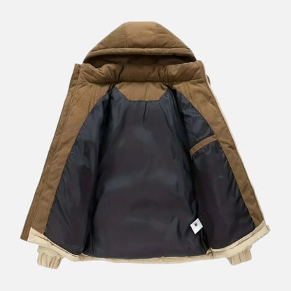 Veste hiver unisexe, blocs colorés, matelassée, capuche amovible, moderne, idéale pour hommes et femmes, style tendance.