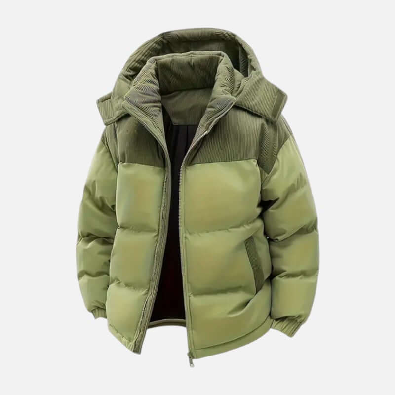 Veste hiver unisexe, blocs colorés, matelassée, capuche amovible, moderne, idéale pour hommes et femmes, style tendance.
