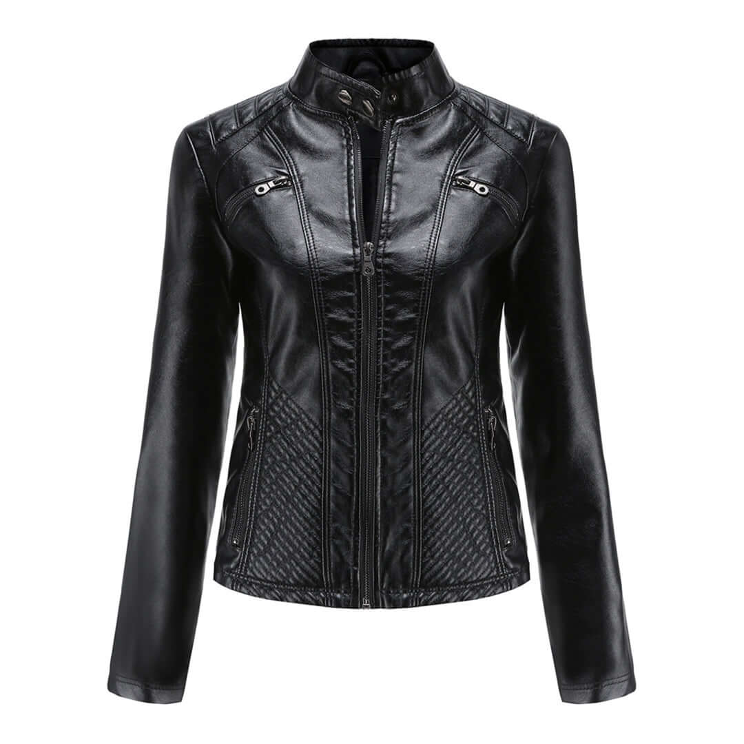 "Veste en cuir noir femme élégante avec fermeture asymétrique, col montant et poches zippées, style moderne et sophistiqué."