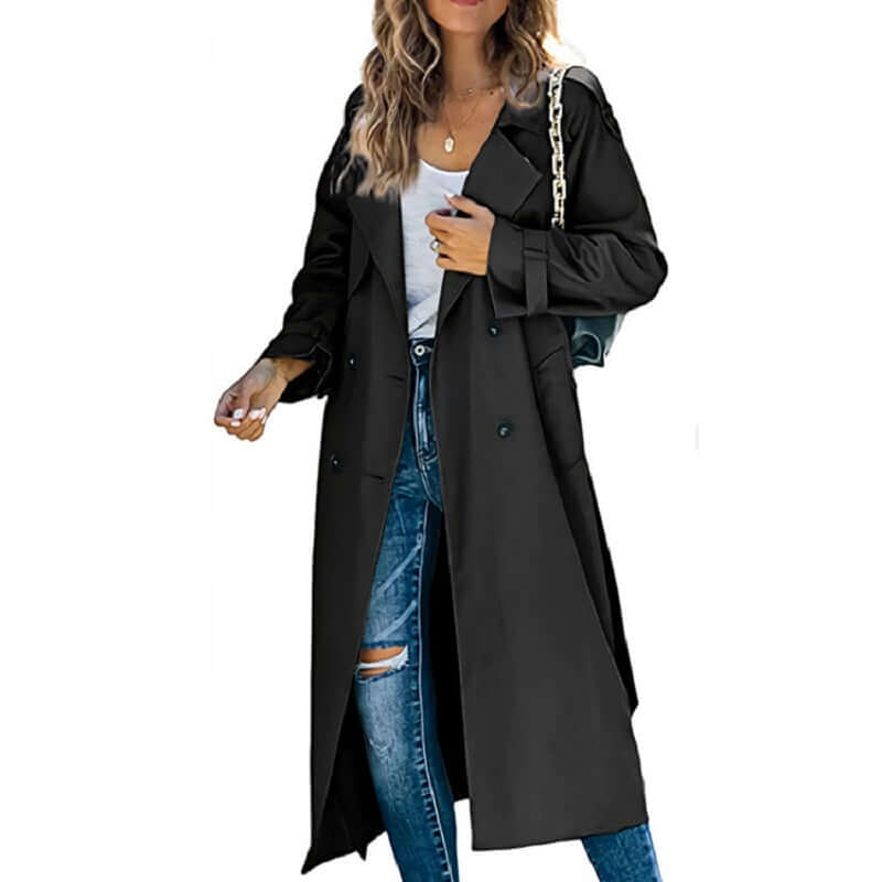 Trench-coat long femme élégant, couleur kaki, coupe flatteuse avec ceinture, parfait pour les saisons de transition.