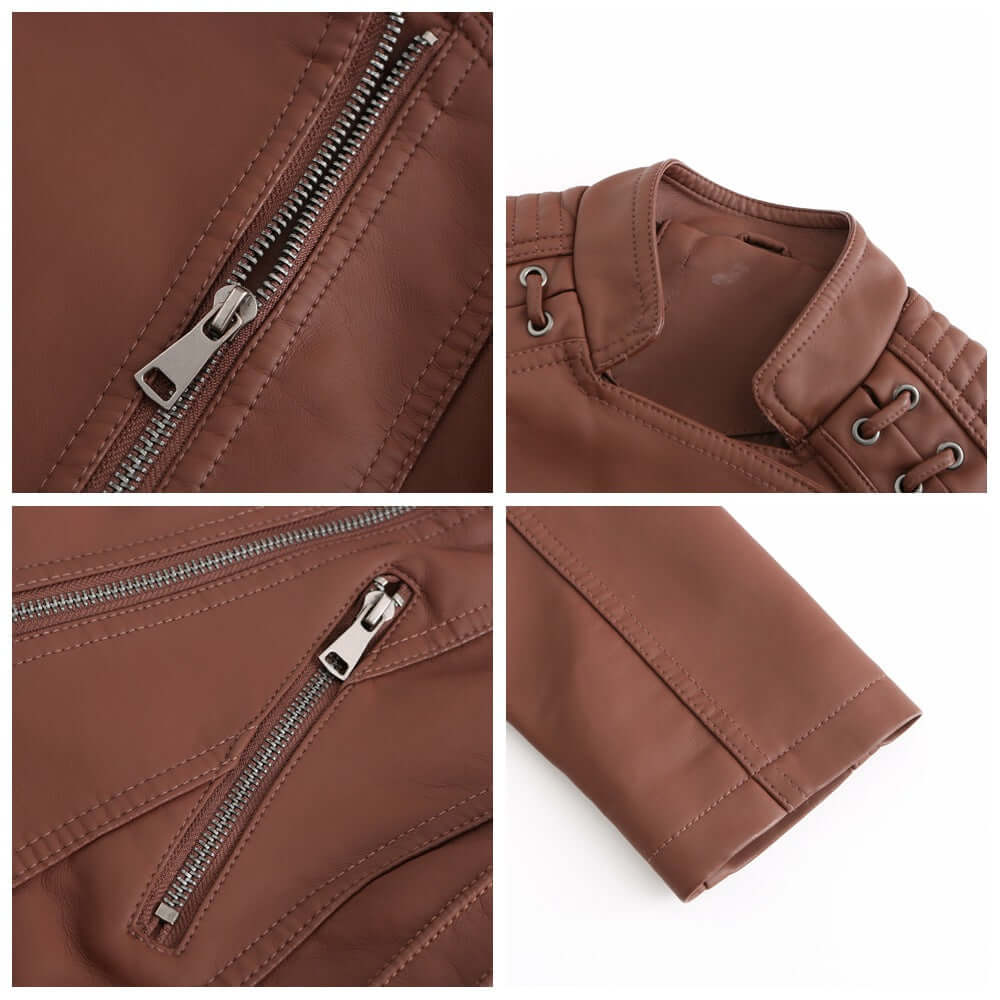 "Veste en cuir d'agneau pour femmes, élégante, vintage, zip nickel brillant, surpiqûres raffinées, chic et confortable."