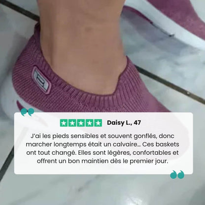 "Baskets orthopédiques pour femme en gris foncé, style moderne et semelles confortables, vue latérale élégante."