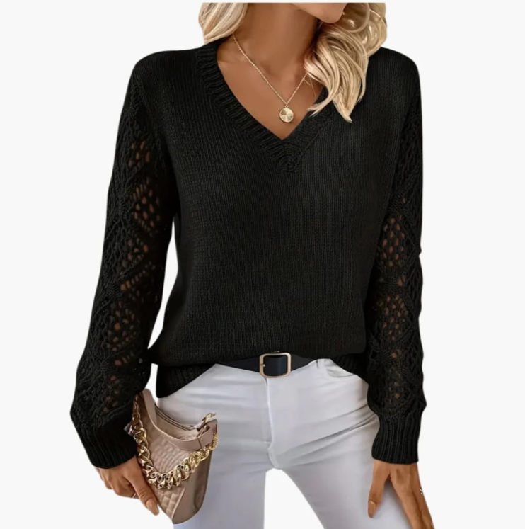 Pull femme col V à manches ajourées – Lovimora
