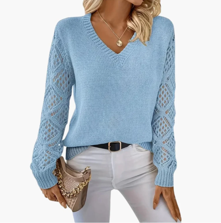 Pull femme col V à manches ajourées – Lovimora