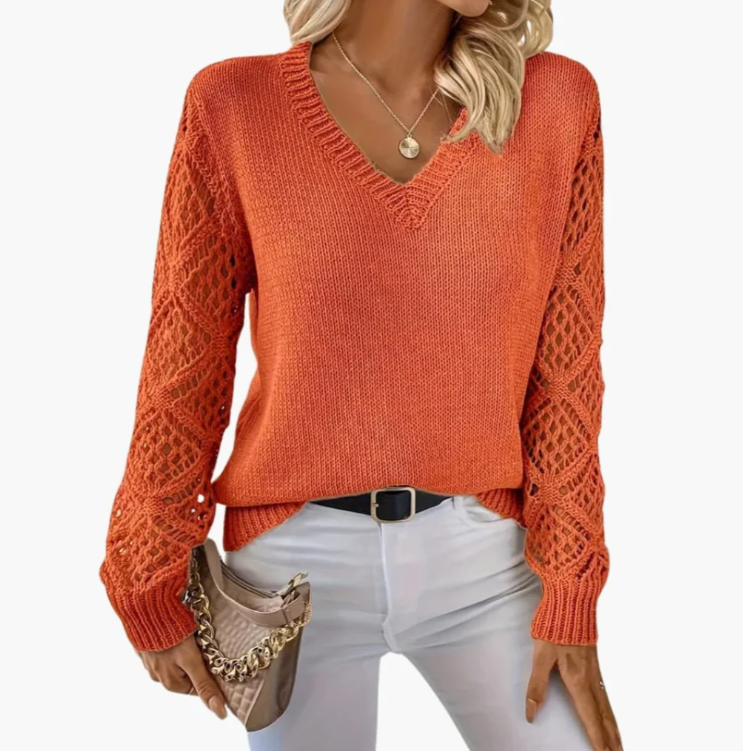 Pull femme col V à manches ajourées – Lovimora