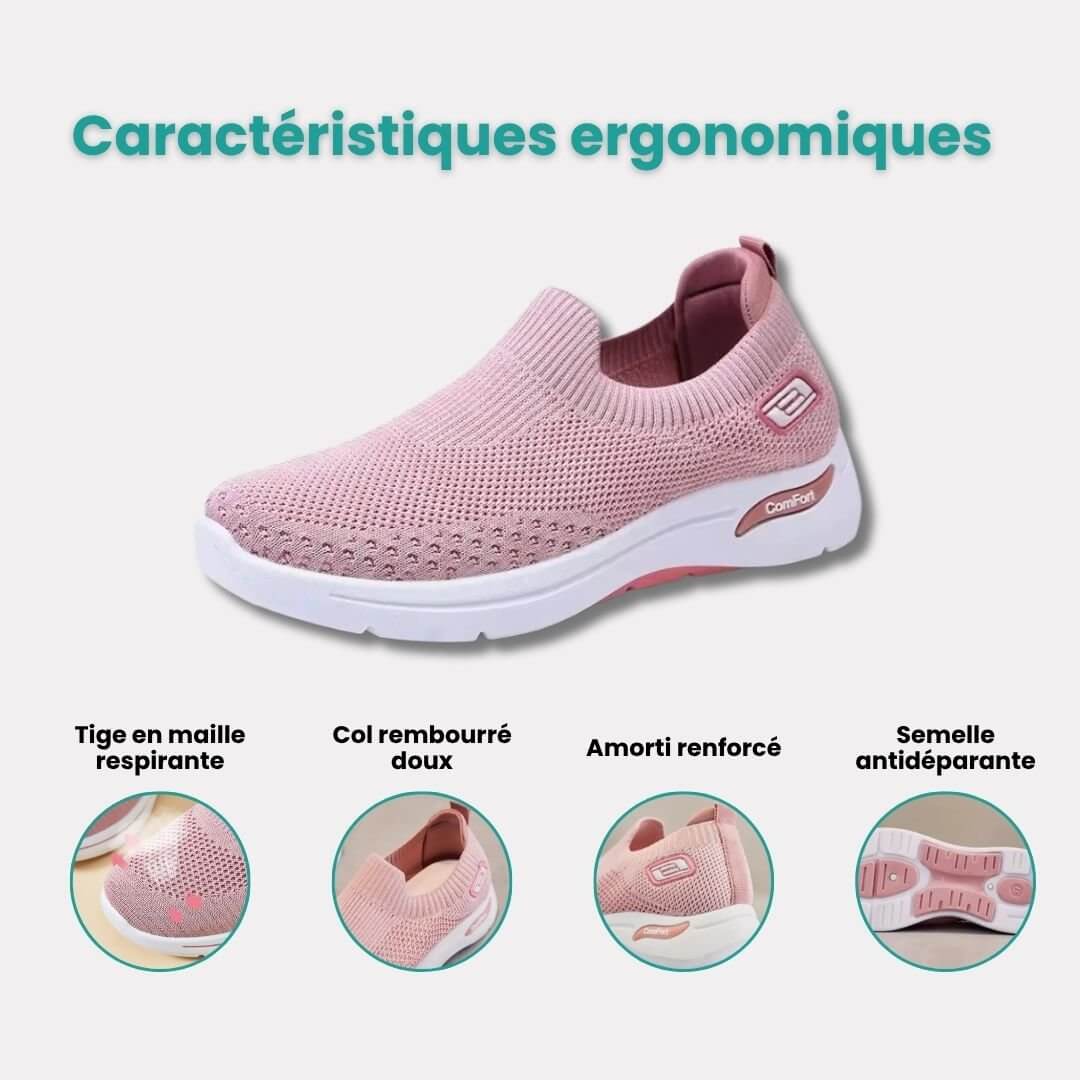"Baskets orthopédiques pour femme en gris foncé, style moderne et semelles confortables, vue latérale élégante."