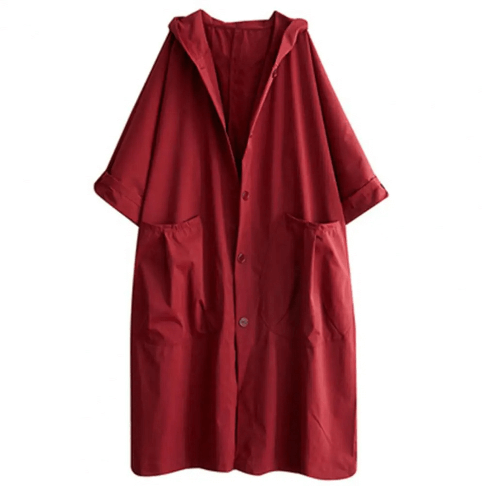 "Trench-coat long femme avec capuche, élégant et ample, pour un style sophistiqué en bleu marine, kaki, noir ou rouge."