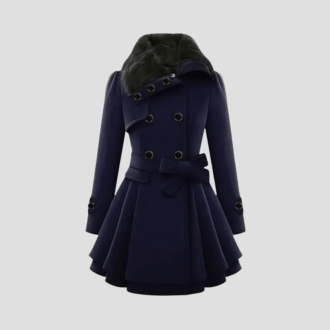 "Manteau d'hiver cintré femme, vue de face, avec col fausse fourrure et détail double boutonnage élégant."