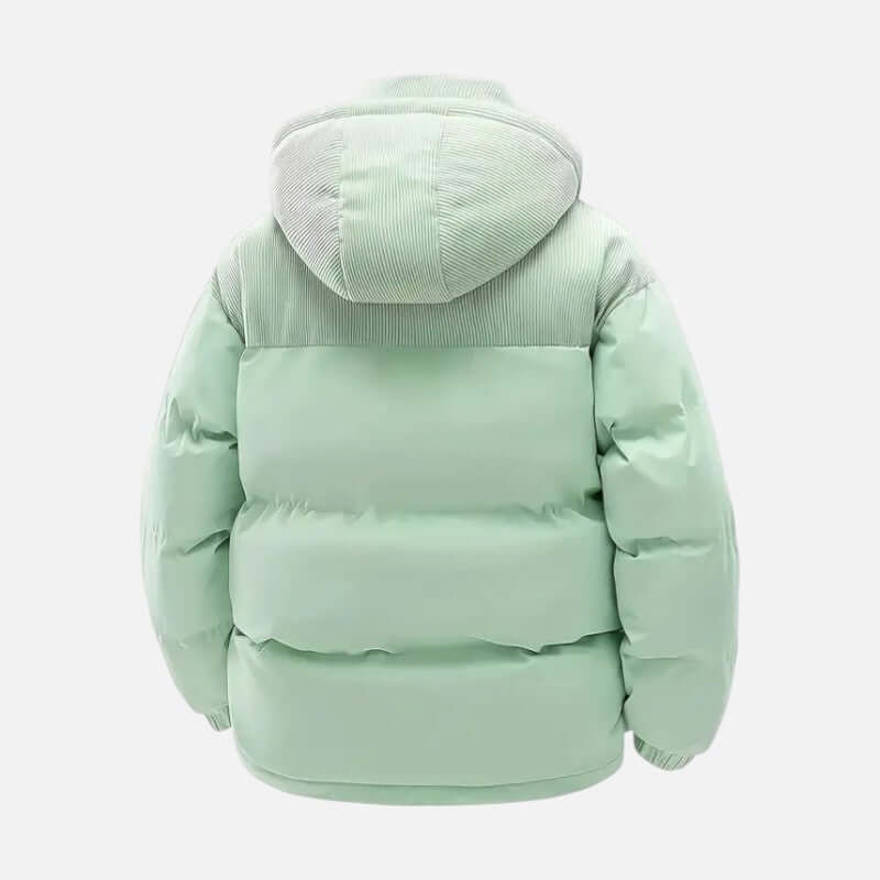 Veste hiver unisexe, blocs colorés, matelassée, capuche amovible, moderne, idéale pour hommes et femmes, style tendance.