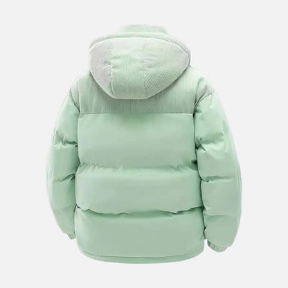 Veste hiver unisexe, blocs colorés, matelassée, capuche amovible, moderne, idéale pour hommes et femmes, style tendance.