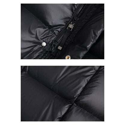 "Veste d'hiver femme en duvet, imperméable, coupe moderne, couleur neutre, idéale pour le froid avec capuche amovible."