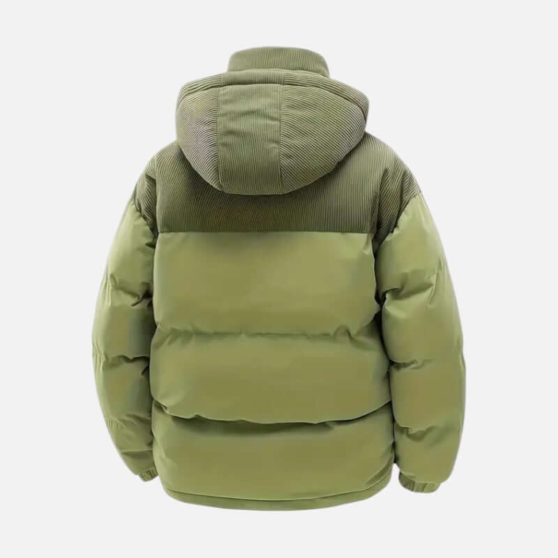 Veste hiver unisexe, blocs colorés, matelassée, capuche amovible, moderne, idéale pour hommes et femmes, style tendance.