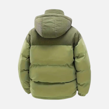 Veste hiver unisexe, blocs colorés, matelassée, capuche amovible, moderne, idéale pour hommes et femmes, style tendance.