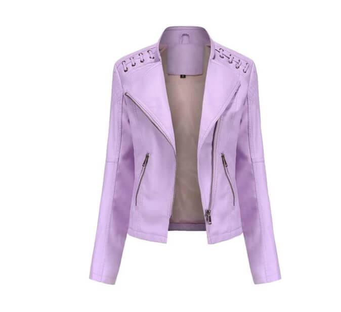 "Veste en cuir d'agneau pour femmes, élégante, vintage, zip nickel brillant, surpiqûres raffinées, chic et confortable."