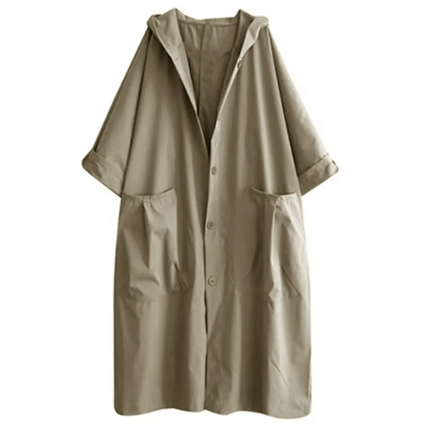 "Trench-coat long femme avec capuche, élégant et ample, pour un style sophistiqué en bleu marine, kaki, noir ou rouge."