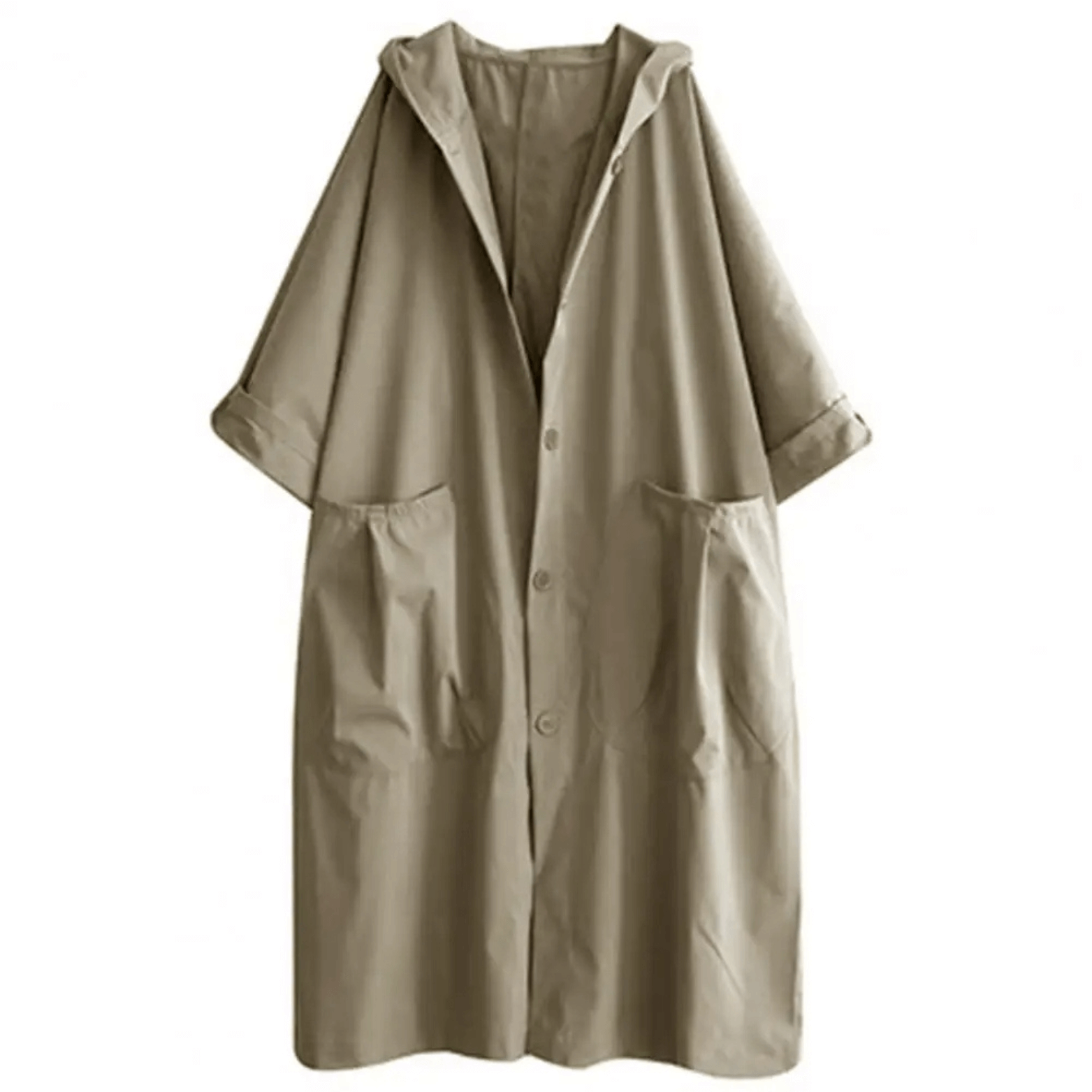 "Trench-coat long femme avec capuche, élégant et ample, pour un style sophistiqué en bleu marine, kaki, noir ou rouge."