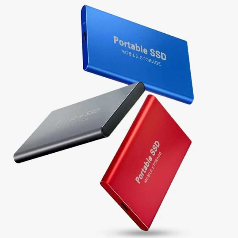 "SSD externe ultra-rapide USB-C 1TB-16TB en aluminium robuste, vue frontale, idéal pour gamers et professionnels."