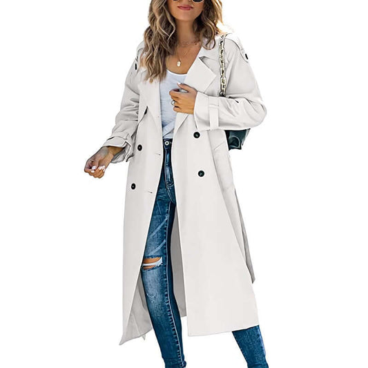 Trench-coat long femme élégant, couleur kaki, coupe flatteuse avec ceinture, parfait pour les saisons de transition.