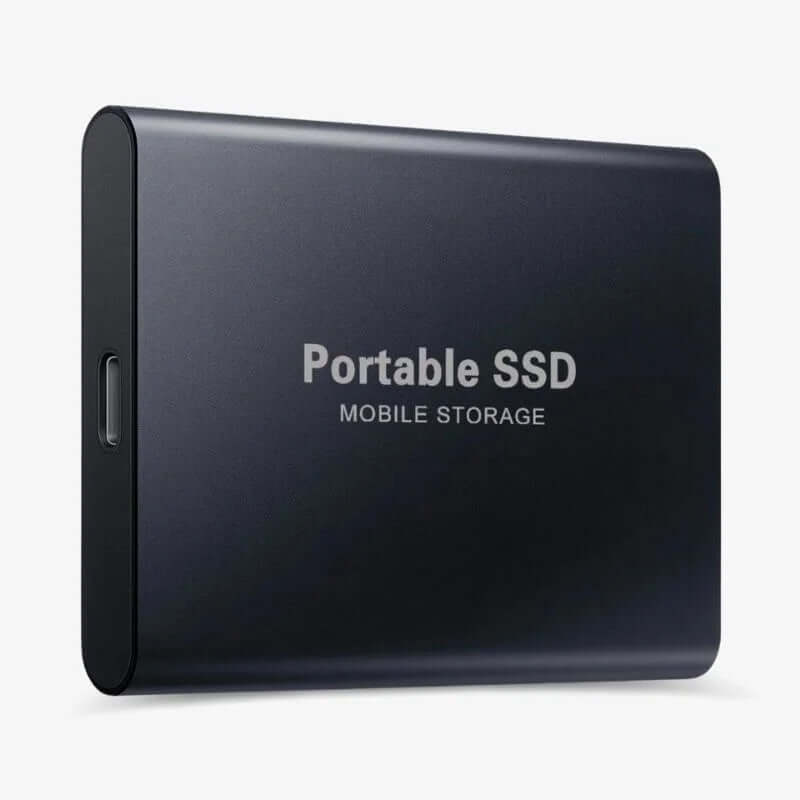 "SSD externe ultra-rapide USB-C 1TB-16TB en aluminium robuste, vue frontale, idéal pour gamers et professionnels."
