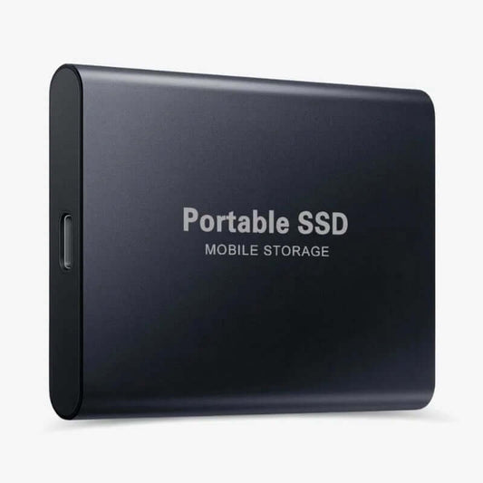 "SSD externe ultra-rapide USB-C 1TB-16TB en aluminium robuste, vue frontale, idéal pour gamers et professionnels."