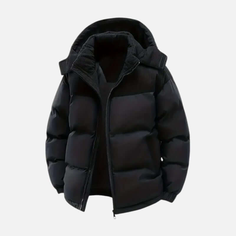 Veste hiver unisexe, blocs colorés, matelassée, capuche amovible, moderne, idéale pour hommes et femmes, style tendance.