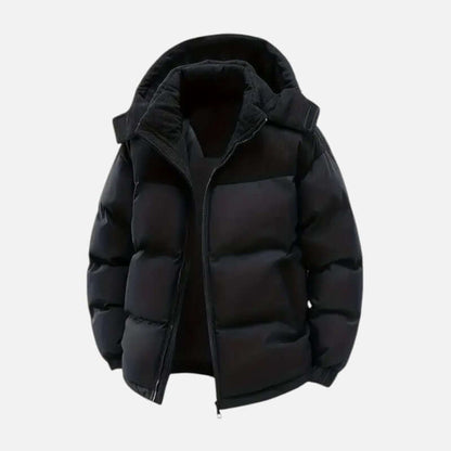 Veste hiver unisexe, blocs colorés, matelassée, capuche amovible, moderne, idéale pour hommes et femmes, style tendance.