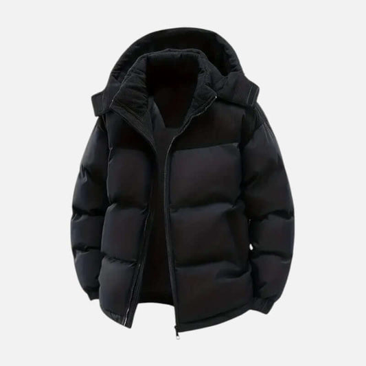 Veste hiver unisexe, blocs colorés, matelassée, capuche amovible, moderne, idéale pour hommes et femmes, style tendance.