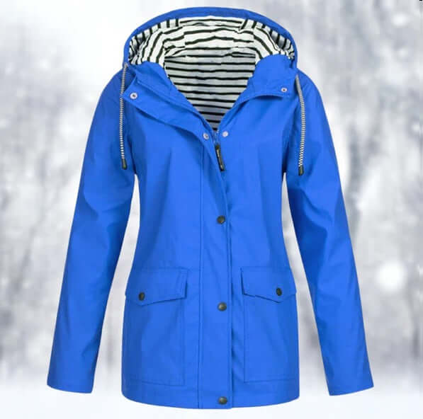 Veste imperméable femme élégante, coupe ajustée, capuche, poches latérales, couleur jaune, protection pluie et vent.