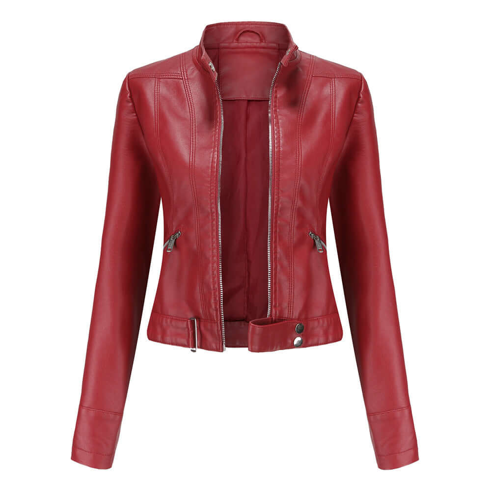"Veste en cuir biker Mille pour femme, couleur noire, double fermetures éclair, audacieuse et élégante."