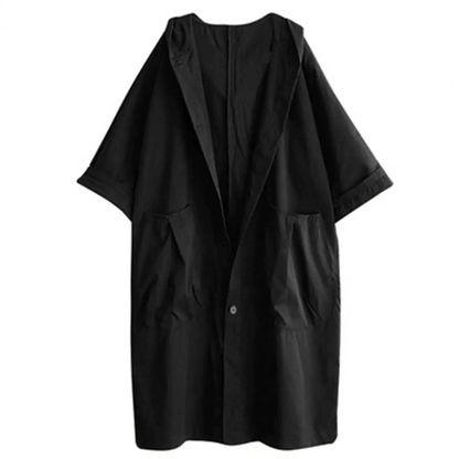 "Trench-coat long femme avec capuche, élégant et ample, pour un style sophistiqué en bleu marine, kaki, noir ou rouge."