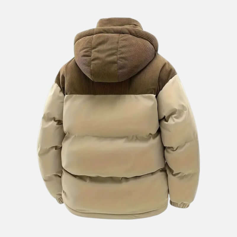 Veste hiver unisexe, blocs colorés, matelassée, capuche amovible, moderne, idéale pour hommes et femmes, style tendance.