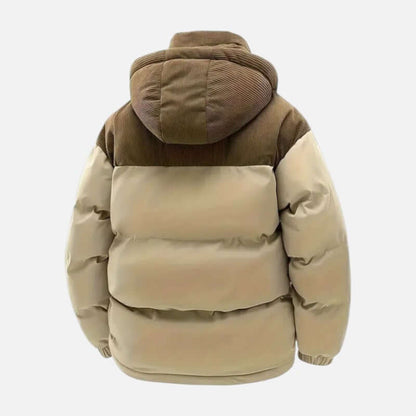 Veste hiver unisexe, blocs colorés, matelassée, capuche amovible, moderne, idéale pour hommes et femmes, style tendance.