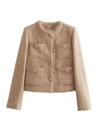 "Veste Élégante Femme Élise, design chic et polyvalent, parfaite pour un look casual ou formel, en tissu polyester."