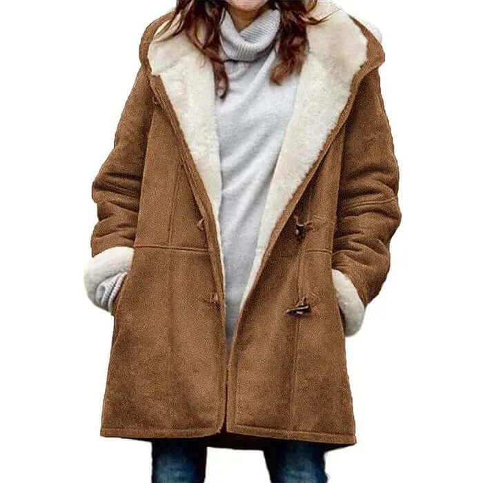 Manteau long en cachemire gris, coupe élégante avec capuche intégrée et boutons en corne, offrant chaleur et douceur.