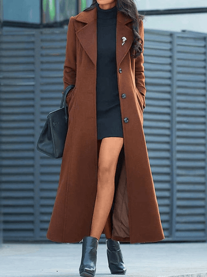 "Manteau long en laine pour femmes avec ceinture, col à revers, élégant et chaud, disponible en marron, noir, rouge, vert."