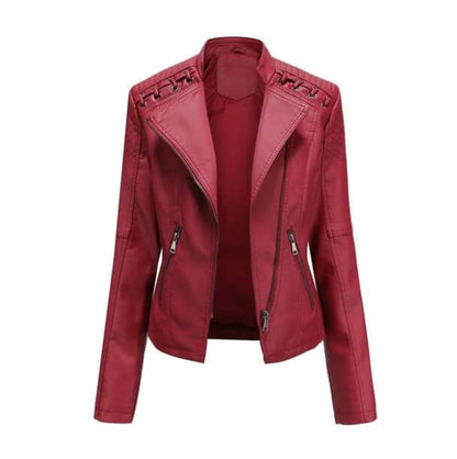 "Veste en cuir d'agneau pour femmes, élégante, vintage, zip nickel brillant, surpiqûres raffinées, chic et confortable."
