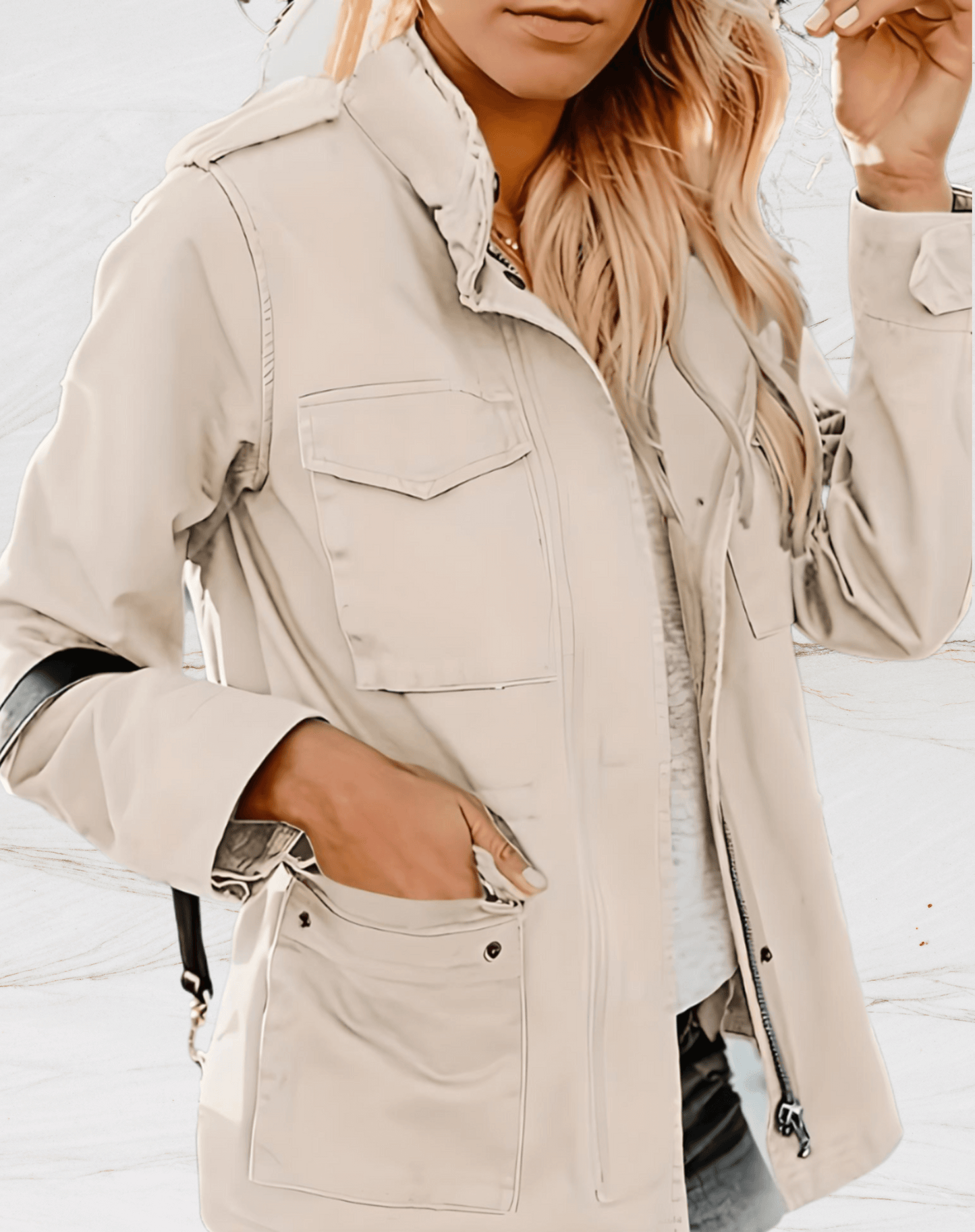 "Veste femme élégante Nora, manches longues, quatre poches, design chic et pratique, couleur noire, style contemporain."