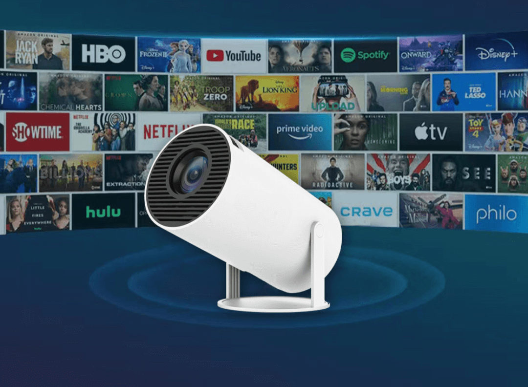 "Projecteur portable 4K HD design compact, boîtier élégant avec lentille large, parfait pour cinéma maison intérieur et extér