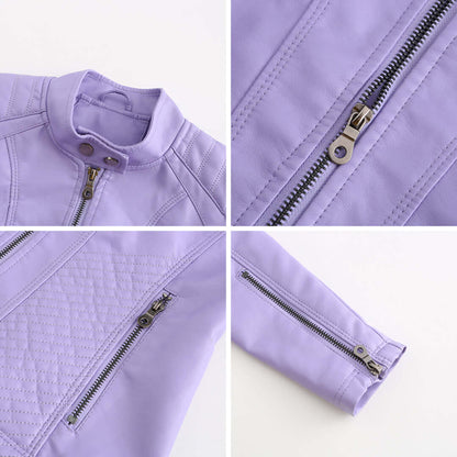 "Veste en cuir noir femme élégante avec fermeture asymétrique, col montant et poches zippées, style moderne et sophistiqué."