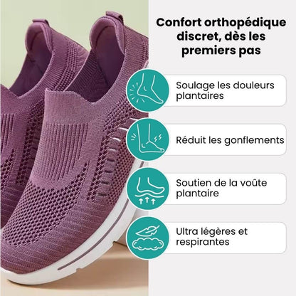 "Baskets orthopédiques pour femme en gris foncé, style moderne et semelles confortables, vue latérale élégante."