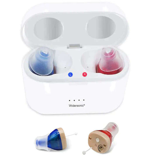 "Appareil auditif V30 discret, rechargeable, en conduit auditif, design moderne, isolation sonore pour sport et bien-être."