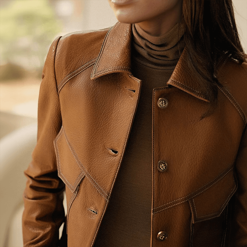Veste en cuir pour femme, élégante et intemporelle, col distinctif, fermeture à boutons, poches pratiques, cuir doux.